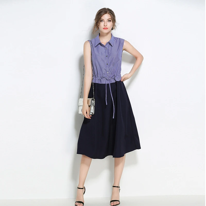 6260-Лето Новинка 2017 женские синий и белый полосатый Кулиска-линии талии платье без