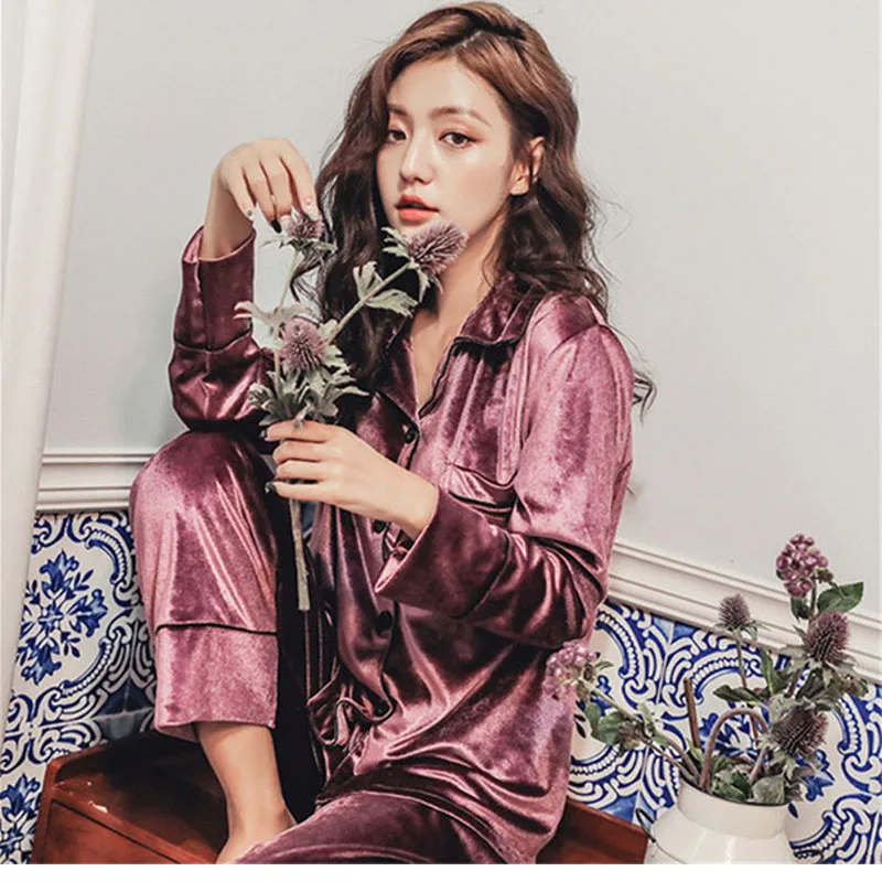 Autumn womens Pajamas Set Women Sleepwear Deep Gold Velvet Pyjamas female sleepwear set Long Sleeves Pants 2 Peices Nightwear | Женская