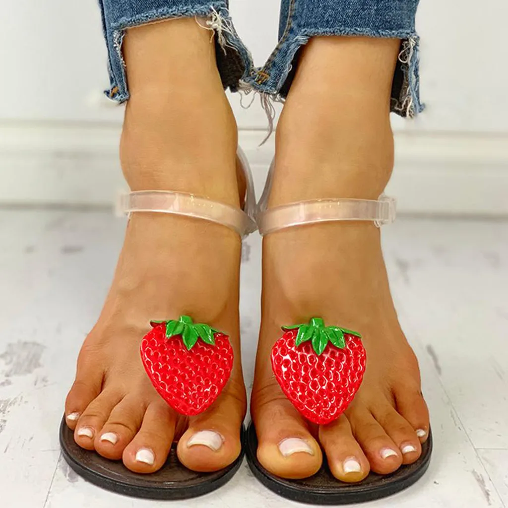 Mokingtop; zapatos de mujer de moda; коллекция года; женские модные прозрачные сандалии на ремешке с клубничным узором; плоский сандалии пляж;#4