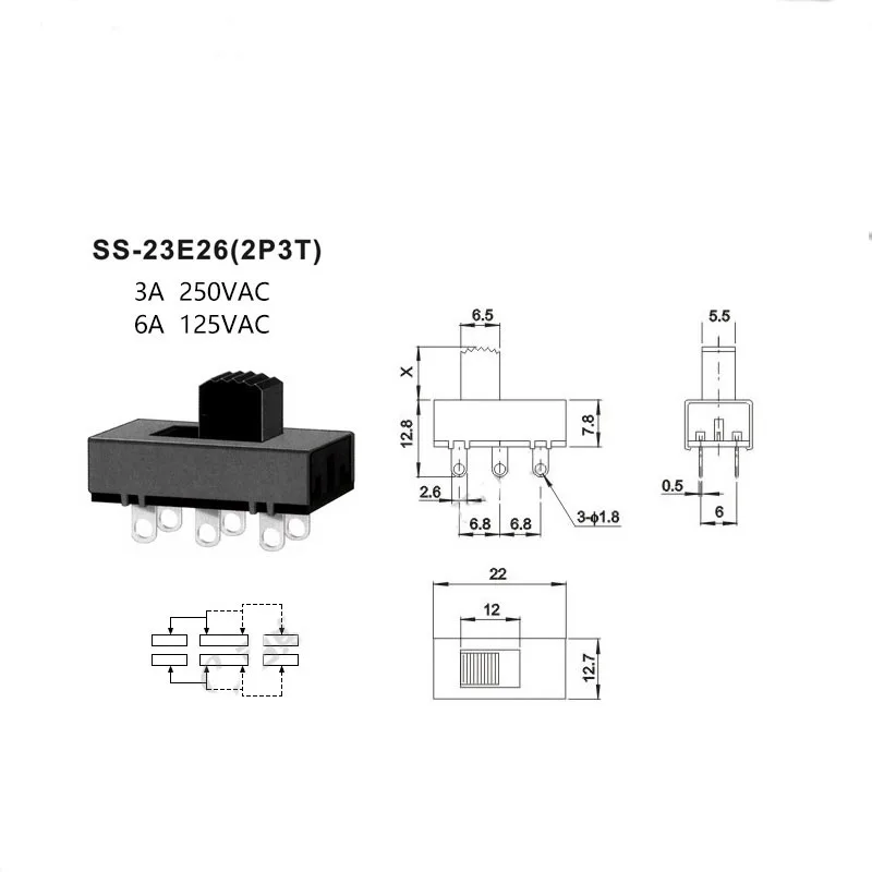5pcs High current toggle switch handle height 5mm 3 gear 6 pin 3A/250VAC slide 2P3T | Обустройство дома