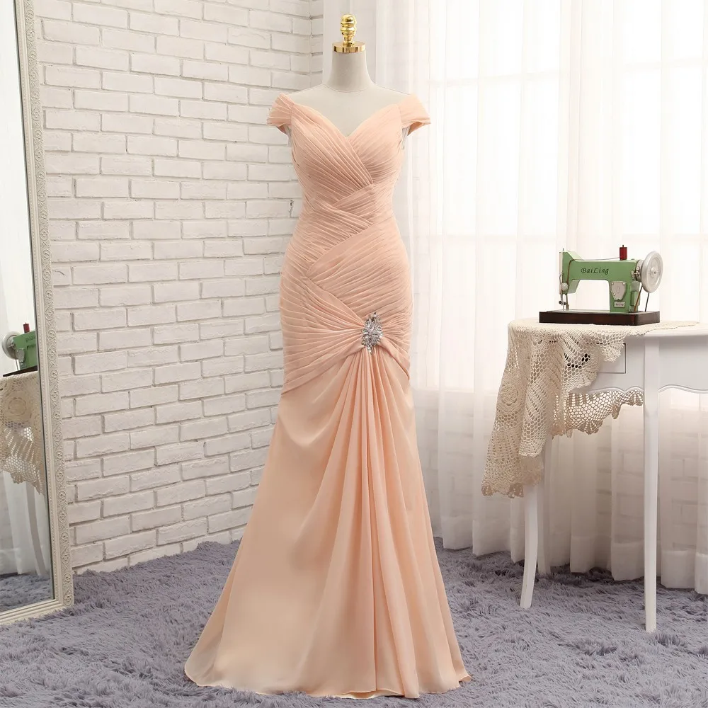 Шифоновое вечернее платье-Русалка цвета шампанского с рукавом шапка | Свадьбы и