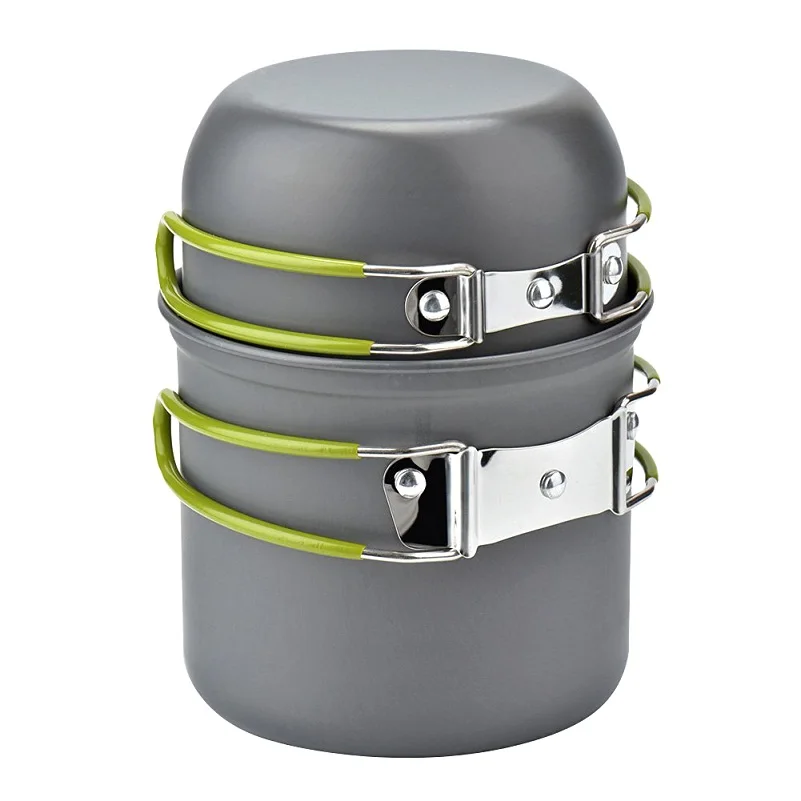 Green 2pcs 1 набор кастрюль для улицы, кастрюли, походная посуда, набор для приготовления пищи для пикника, антипригарная посуда с плитой, ложкой, вилкой, ножиком, чайником для 2-3 человек - Цвет: Green 2pcs