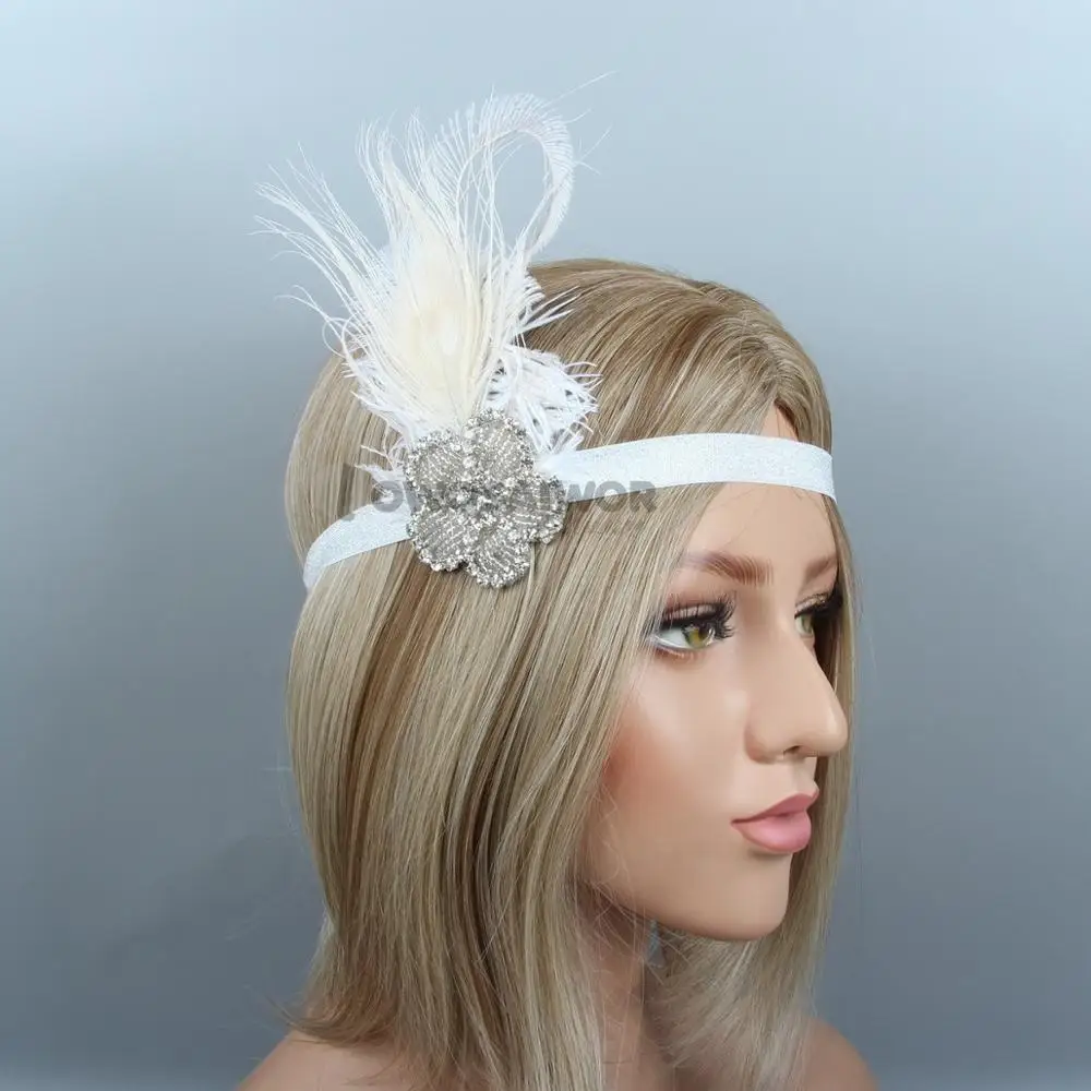Женская повязка на голову с белыми перьями и кристаллами| |