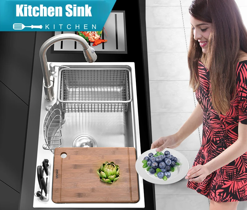 multifunctional thicken brushed sus304 stainless steel kitchen sink set with drainer pull out faucet block knives not included free global shipping