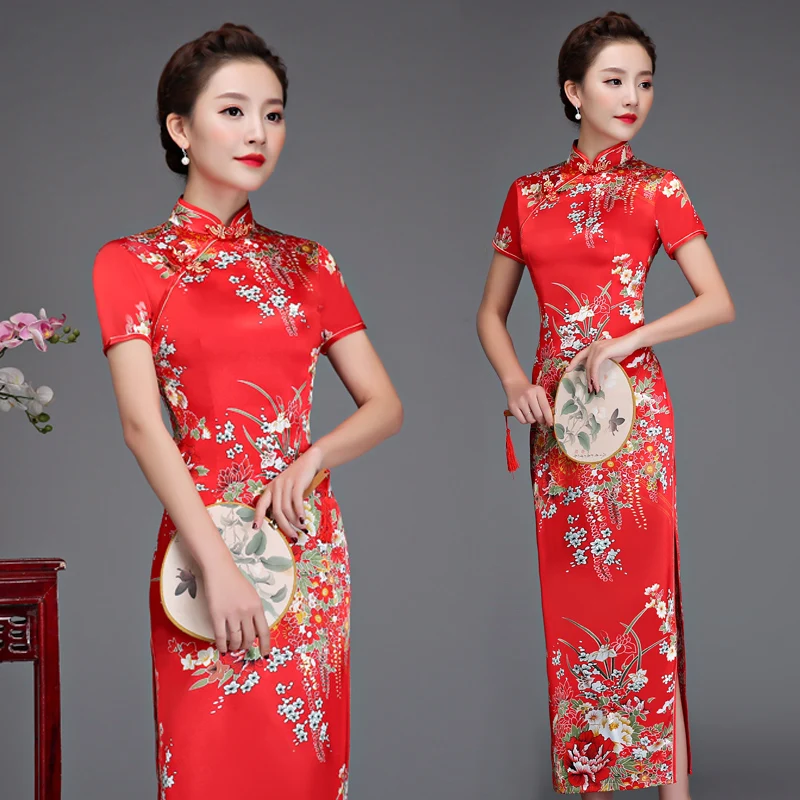 Женское атласное платье Ципао Old Shanghai Элегантное Длинное облегающее с рукавом 3/4