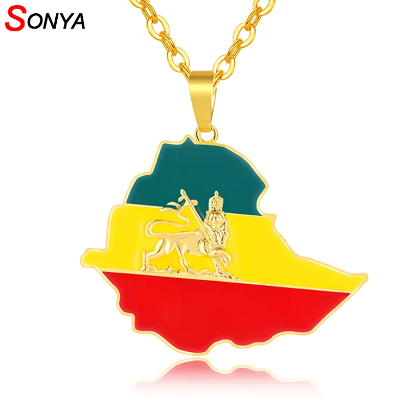 SONYA Эфиопский флаг и Лев медальоны с картой женщины/мужчины ювелирные изделия золотистого цвета Африка карты Эфиопией колье с изображением Льва Bijoux Femme