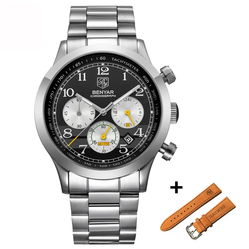 Steel black yellow B BENYAR мужские часы комплект люксовый бренд Спортивные кварцевые хронограф водонепроницаемые наручные часы мужские часы relogio masculino erkek kol saati - Цвет: Steel black yellow B