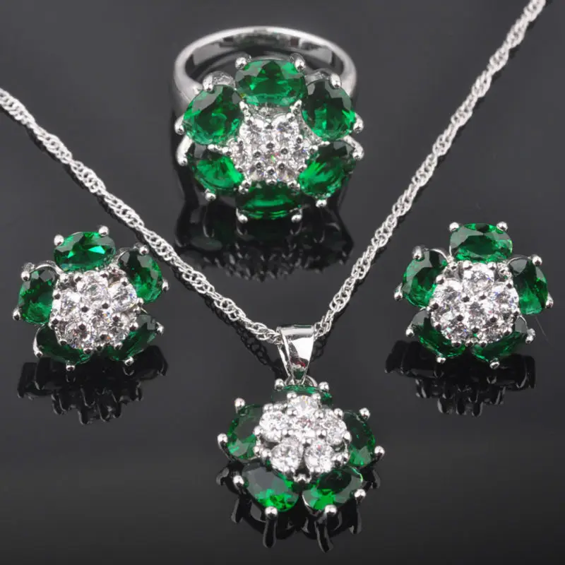 Цветок зеленый камень кубического циркония для женщин с серебряным покрытием