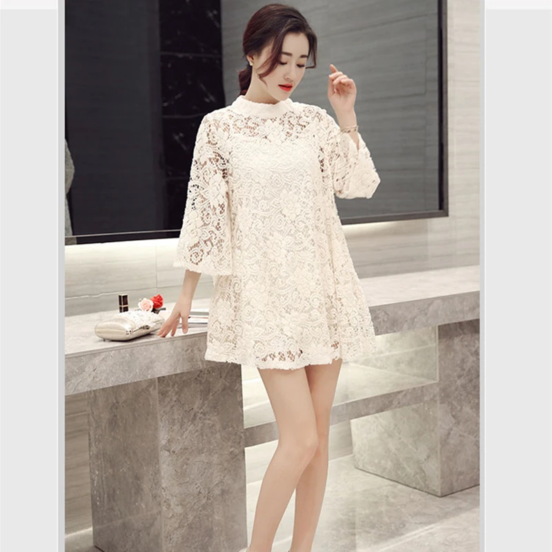 Лето Женская Кружева Холлоу Свободные Dress Casual Sweet Шеи O Пуловеры Three Четверти Рукав