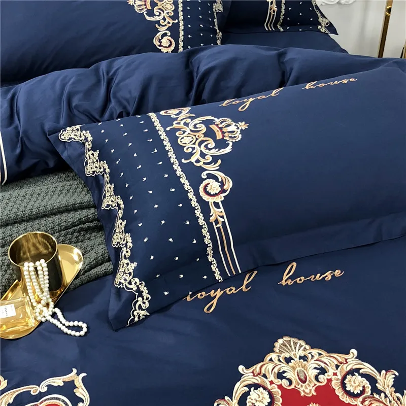 Синий Роскошный Королевский вышивка 60S Египетский хлопок дворцовый Комплект