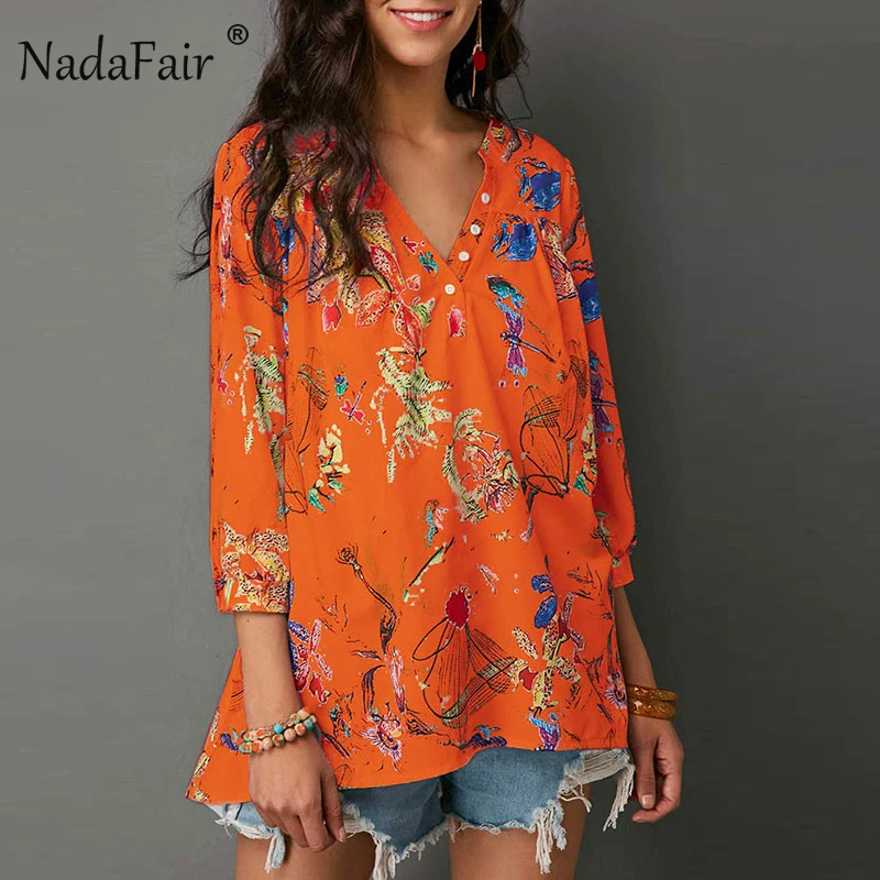 Nadafair Chinese Style Loose Print Three Quarter Blouses Women 2018 Autumn Fashion Casual Holiday Sexy V Neck Button Tops |