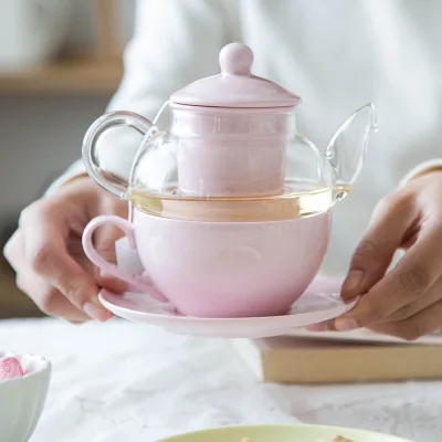 Colored Pink Горячая стеклянный чайник W/a Fine China Infuser чашка с фильтром и блюдцем набор чайный горшок и чайная чашка для одного чайника Smarkt для одного - Цвет: Colored Pink