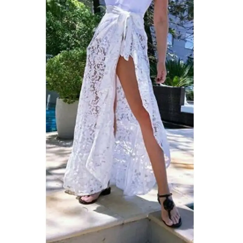 Женское бикини прозрачная длинная Пляжная накидка летняя сплит юбка черный