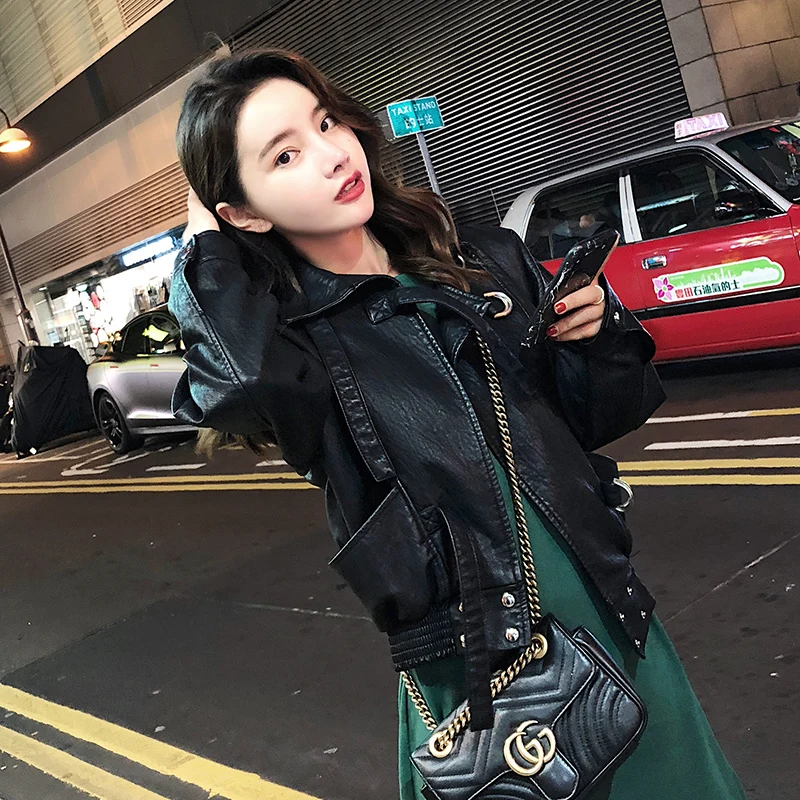 Кожаная женская куртка осень 2018 новая Корейская версия черная свободная