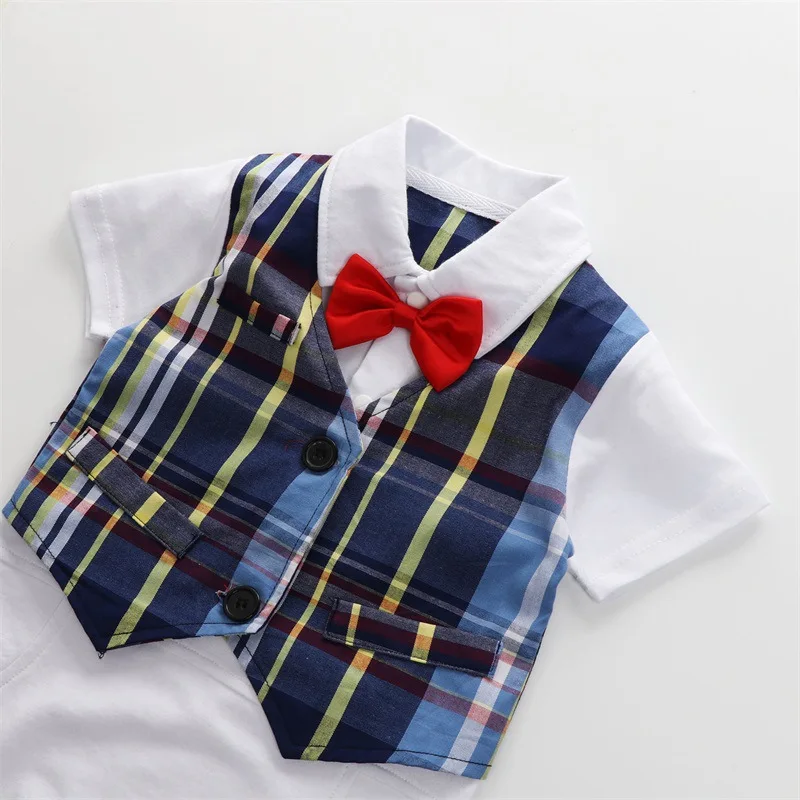 Baby boy Gentlemen Romper+Hat Newborn Wedding Plaid Infantile Bow Tie Jumpsuit Summer Suit Casual Clothes Custume |