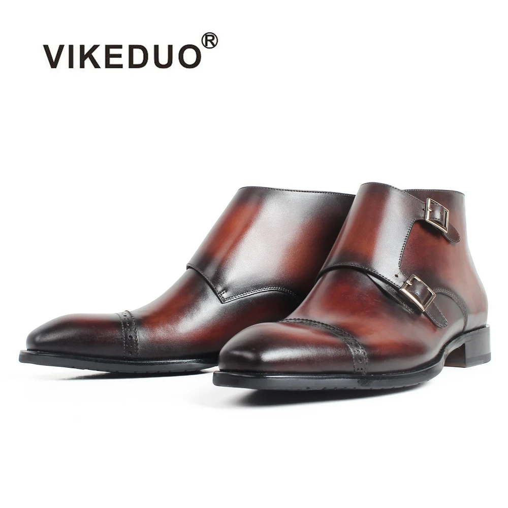 

VIKEDUO Handmade Genuine Leather Ankle Boots Patina Blake Bespoke Monk Boots Male Buckle Classic Autumn Botas Hombre Brogue Shoe
