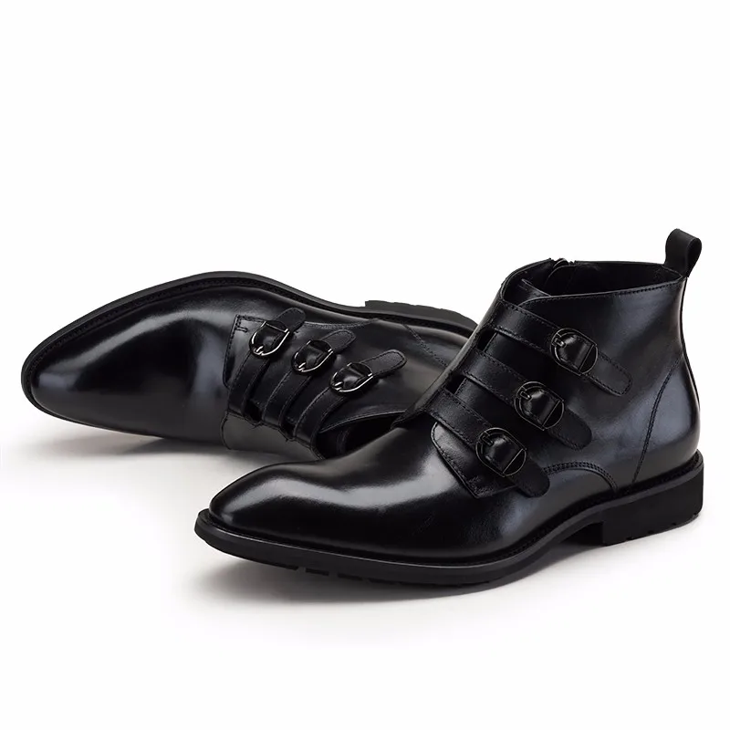 Ботильоны мужские из натуральной кожи с тремя пряжками|shoes fashion|shoes genuine leathertan tanning
