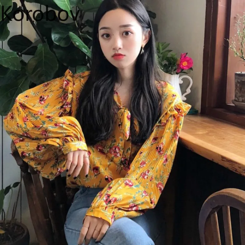 Korobov 2019 New Fashion O-Neck Long Sleeve Blouse Flower Print Ruffles Korean Shirt Vintage Blusas Mujer Chiffon Shirts 77223 |