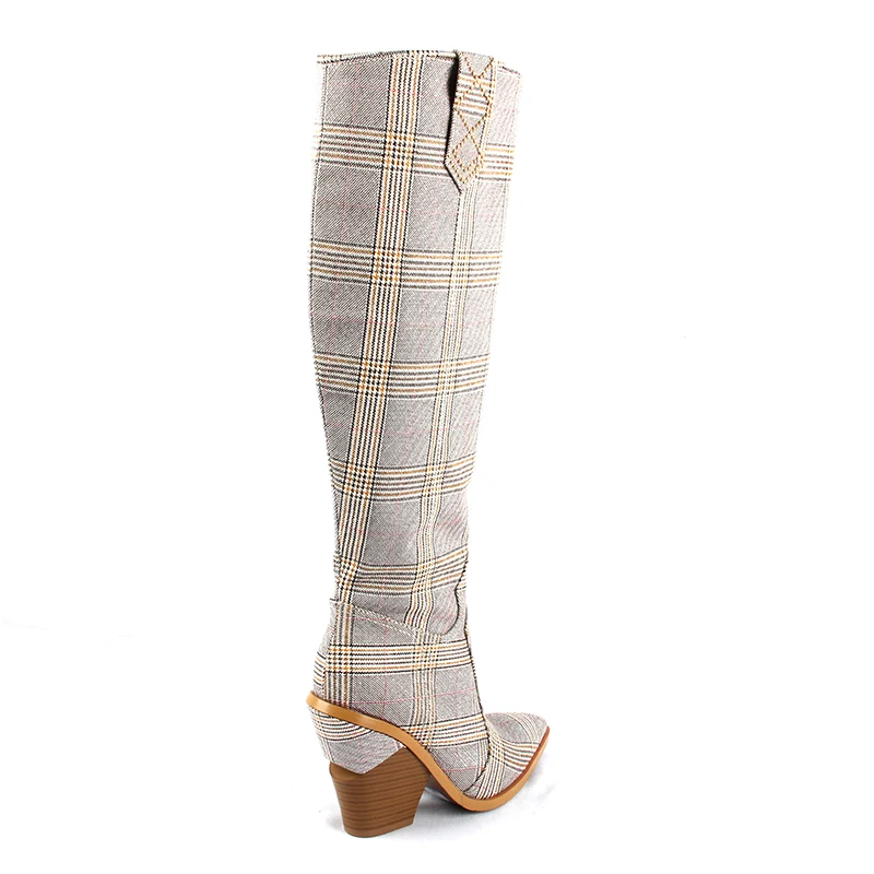 Женские сапоги до колена в клетку на высоком каблуке модные осенне-зимние