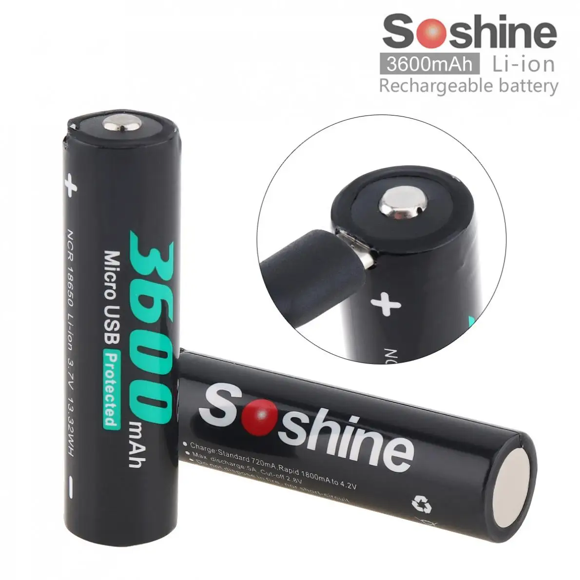 Аккумуляторная батарея Soshine NCR 18650 Li Ion 3 7 В 13 32 Вт/ч 3600 мАч с защитой от Micro USB для