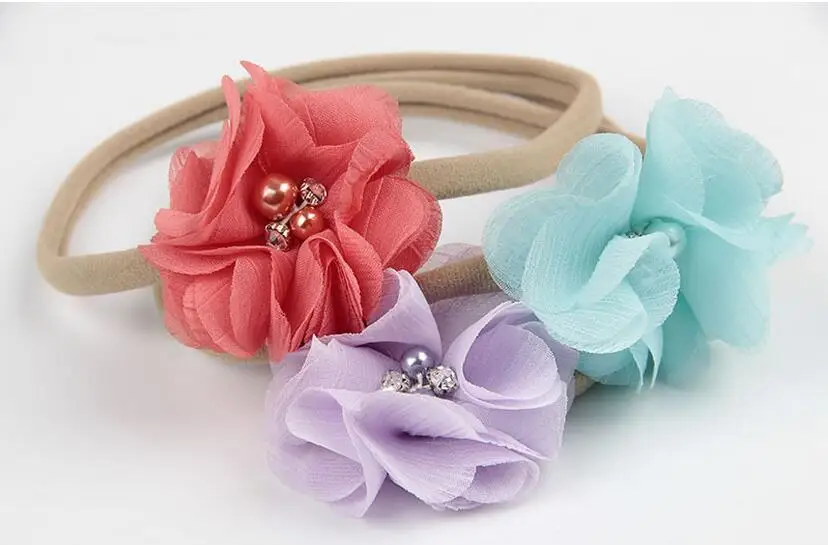 

2" Chiffon Flower Elastic Headband Pearl Rhinestone Flower Headbands 20Colors For Girl Hair Accessories 50Pcs