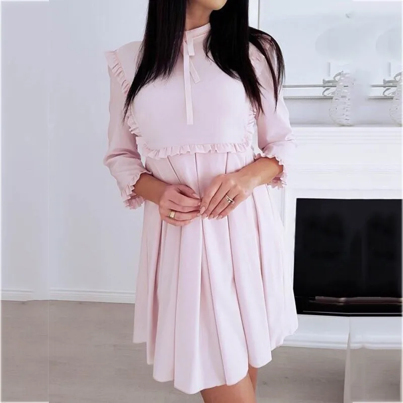 

2019 Spring New Fashion Women Ruffles Dresses Casual Three Quarter Tunic Vintage Ladies Dresses Elegant Bow Female Vestidos