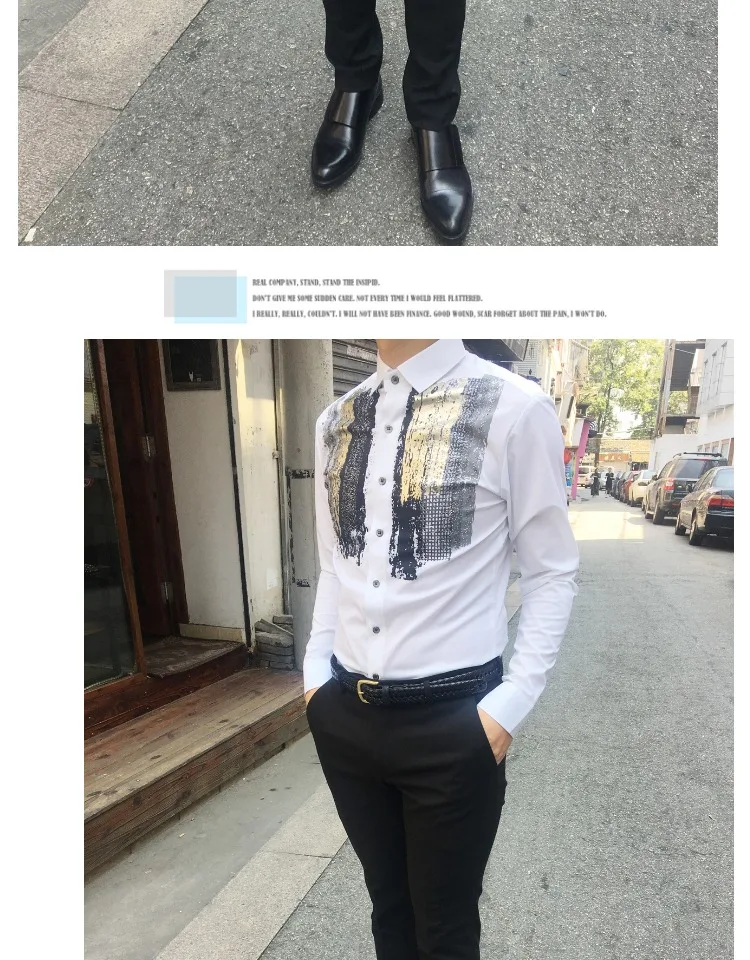 Модные Повседневные принты Для мужчин рубашки Бизнес Slim Fit черный, белый цвет сценический Мужской рубашка для певца певец этап Для мужчин s рубашки для мальчиков на свадьбу