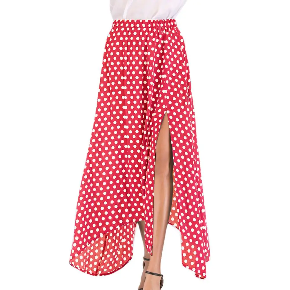 

Summer Women Polka Dot Maxi Skirt Side Slit Asymmetric Hem Retro Long Skirts for Women High Waist Blue faldas mujer moda