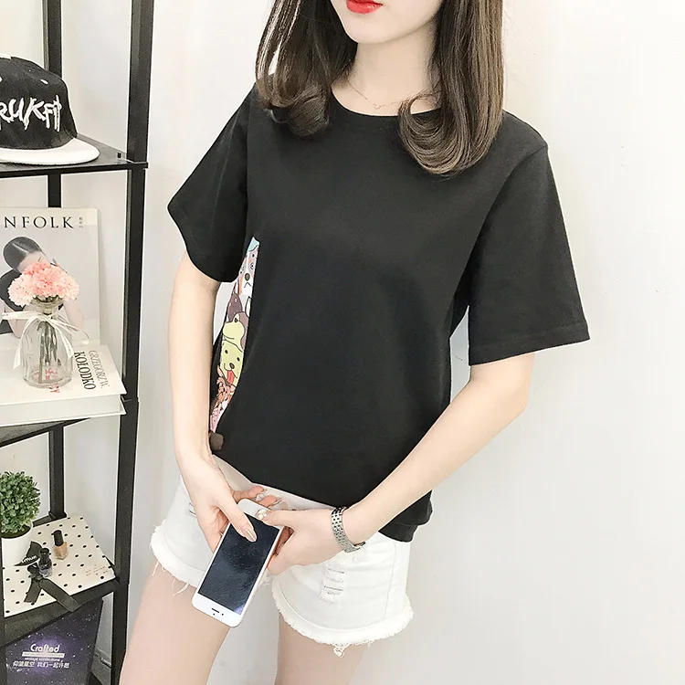 

2019 Summer Cotton T-shirt Women Short Sleeve Loose Casual Tees Girls Cartoon Print Tops Female O-Neck Shirts Women Clothes