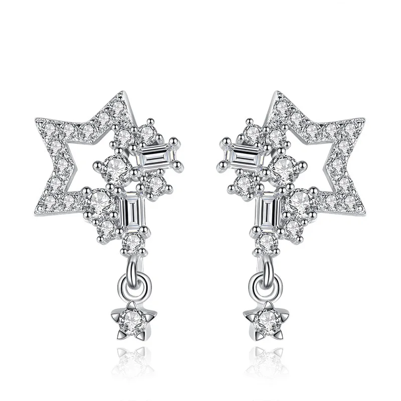 

100% 925 sterling silver fashion shiny crystal star ladies' stud earrings jewelry wholesale women birthday gift Anti allergy