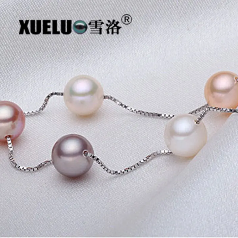 

XUELUO Trendy 925 Sterling Silver Chain Round Multicolor Natural Fresh Water Pearl Bracelet