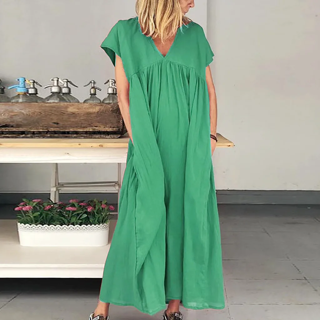 Женское свободное платье SAGACE однотонное до щиколотки с коротким рукавом и v