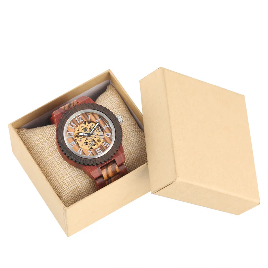 red with box Автоматический деревянный часы Для мужчин, мужские часы класса люкс деревянный браслет ремешок арабскими цифрами Дисплей с автоподзаводом мужские механические часы - Цвет: red with box