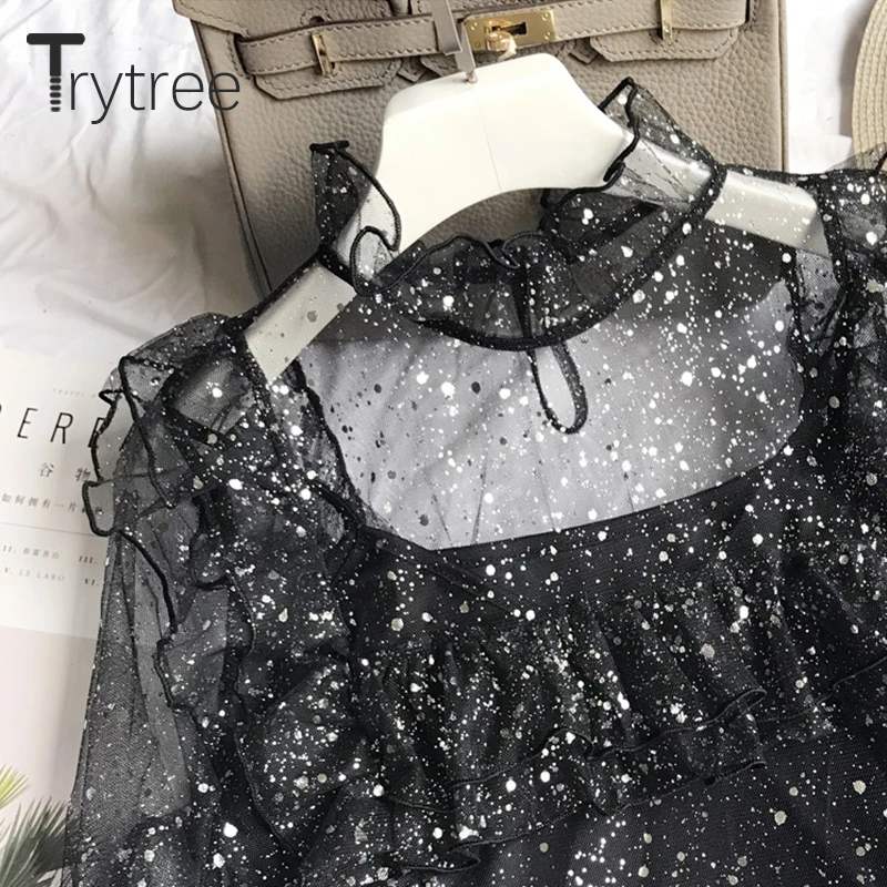 Trytree весенне летняя женская блузка шифоновая повседневная кружевная длинный