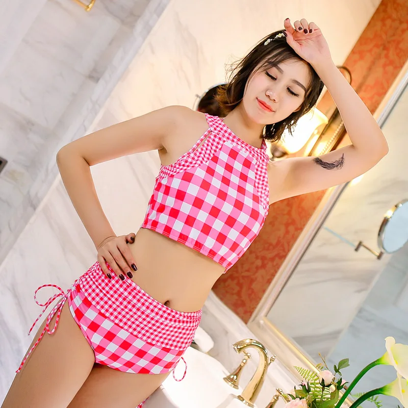 2017 красная решетка для милых девочек бикини сплит треугольник галстук студента