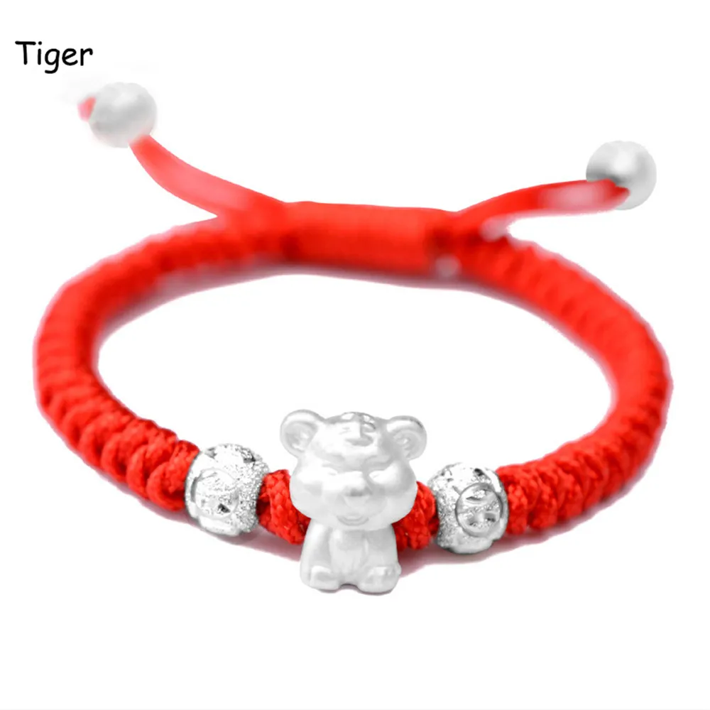 Tiger Симпатичная серебряная подвеска-талисман в виде собаки, 999, браслет, китайский счастливый ручной вязки, красная веревка для мальчиков, подарок на день рождения - Окраска металла: Tiger