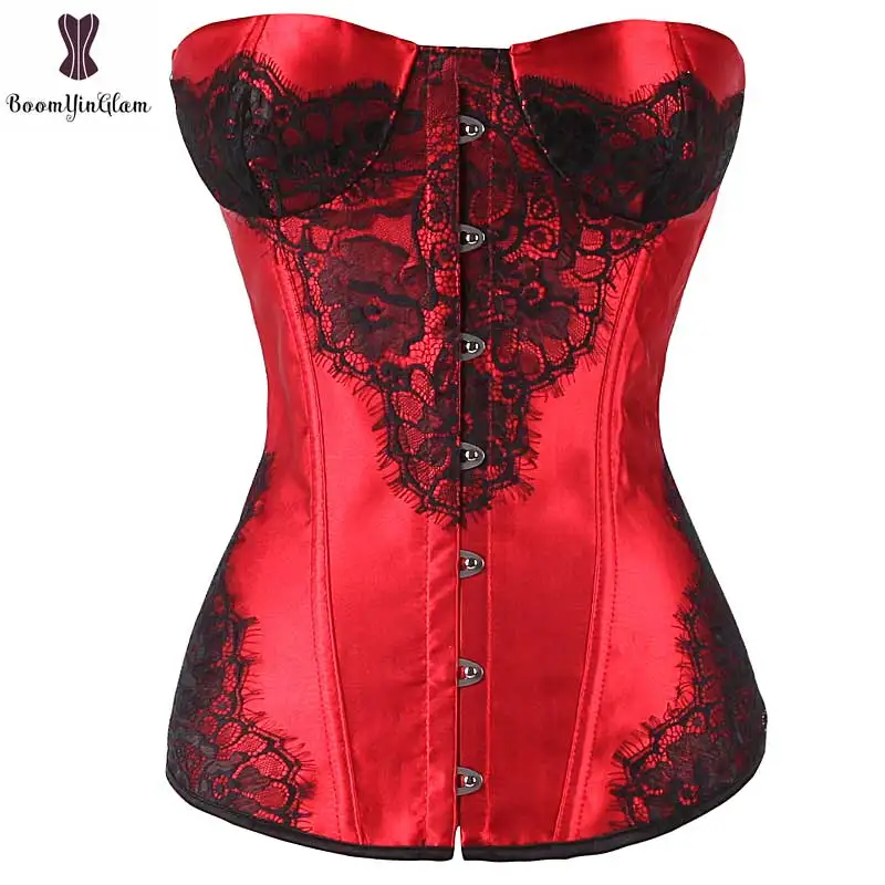 

Lace Applique Corset Top With Cup Overbust Boned Sexy Women Corselet Summer Underwear Satin Waist Trainer Corsets And Bustier