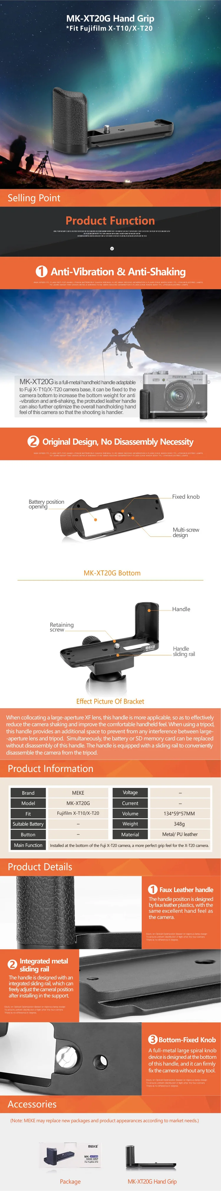 Meike MK-XT20G Алюминий сплав Вертикальная пластина быстрого крепления Г-образный кронштейн держатель рукоятка для ЖК-дисплея с подсветкой Fujifilm Fuji X-T10 X-T20 X-T30 Камера