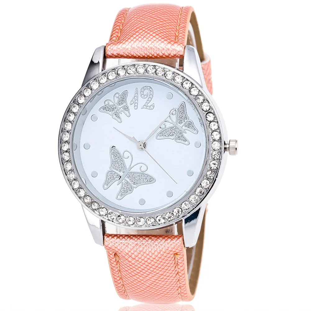 Женские часы с кристаллами и бабочкой 6 цветов кожаный ремешок люксовый бренд