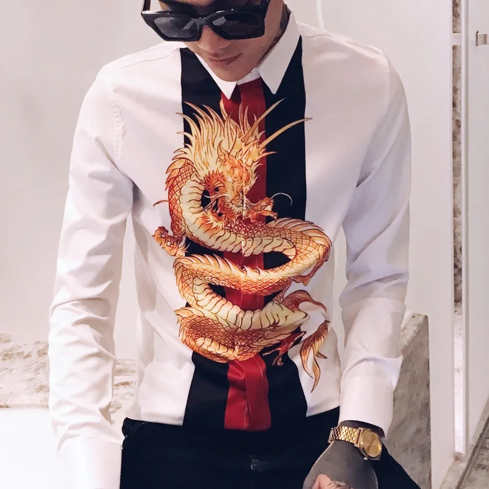 white Роскошные сплайсированные ночной клуб смокинг модное платье рубашка Camisa Hombre Slim Fit рубашка Мужская Уличная с принтом дракона Мужская рубашка мужские рубашки - Цвет: white