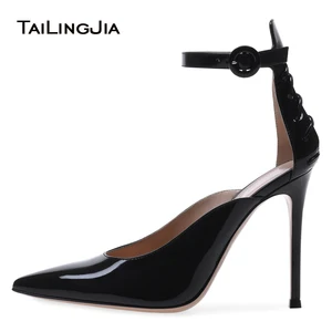 Women's Black Patent Leather Pointed Toe High Heels Pumps Ankle Strap Buckle Ladies Elegant Office Party Dress Shoes Large Size