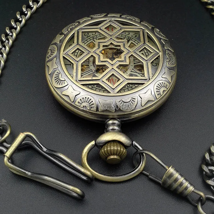 Bronze Tone Steampunk Skeleton Mechanical Hand Wind Pocket Watch w/Chain Half Hunter Luxury Timepiece | Наручные часы