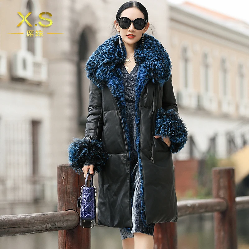 2018 Winter New Women's Genuine Leather Coat Sheep Down Jacket Long Section Wool Collar Thick Warm Slim Outer LE517 | Женская одежда