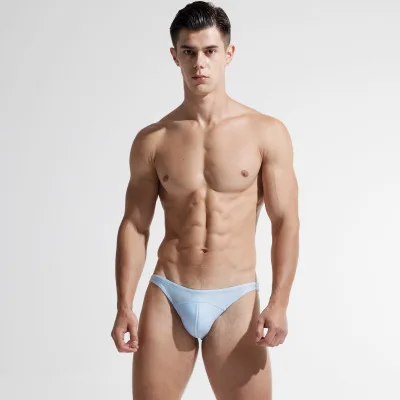 light blue Сексуальные плавки с низкой талией для мужчин, мужские нейлоновые бикини, плавки, одежда для плавания, короткие выпуклые u-образные трусы, мужские плавки для серфинга, эластичные Sunga трусы - Цвет: light blue