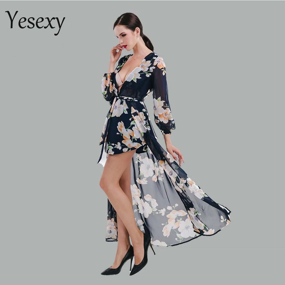 Yesexy 2018 Сексуальная Глубокий V с длинным рукавом печать плащом playsuit