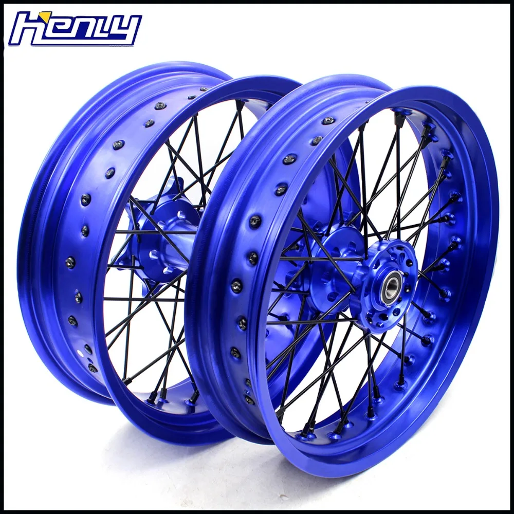 3,5/4,25 супермото колеса Supermotard диски набор для YAMAHA YZ250F 2001- YZ450F 2003- синий обод черная накладка на соски