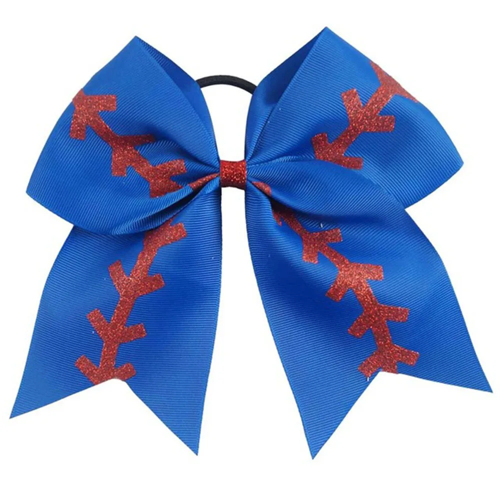 

7" Large Ribbon Hair Bow Red Sliver Glitter Softball Cheer Bow For School Cheerleading Girls With Elastic Bands Hair Accessories