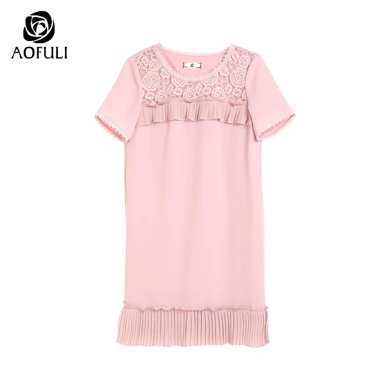 Женское кружевное платье AOFULI A3610 розовое Пестрое большого размера L ~ 4XL 5XL с