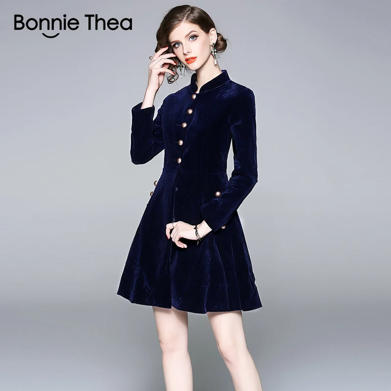 

Женское зимнее бархатное платье Bonnie Thea, синее элегантное платье, женское вечернее праздвечерние чное платье, женские короткие платья, женск...