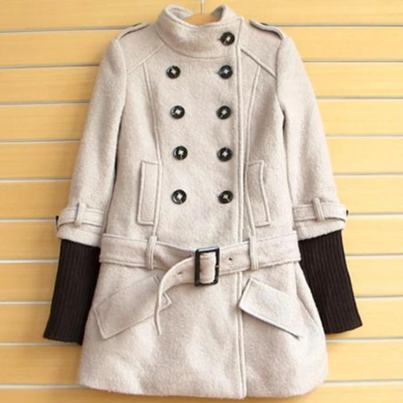 Шить теплая Кнопка регулируемый пояс Тонкий шерстяной пальто 2017 Зима плюс